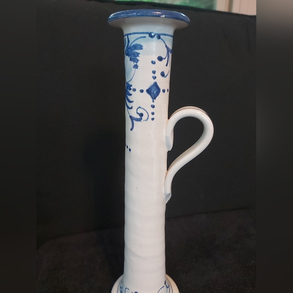 Vintage Italian Ceramic Candle Holder Chambermaid Italy Blue White Flower Scroll